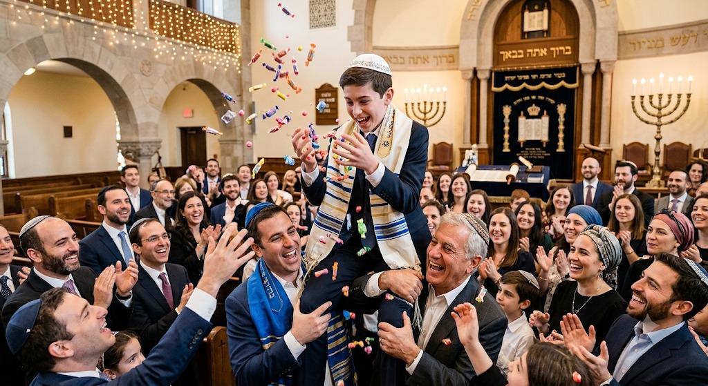 Congregation throwing candy at the Bar mitzvah boy
