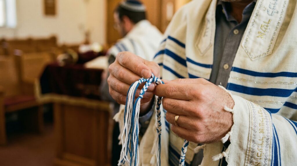 Close up of hands holding the tzitzit fringes of a prayer shawl