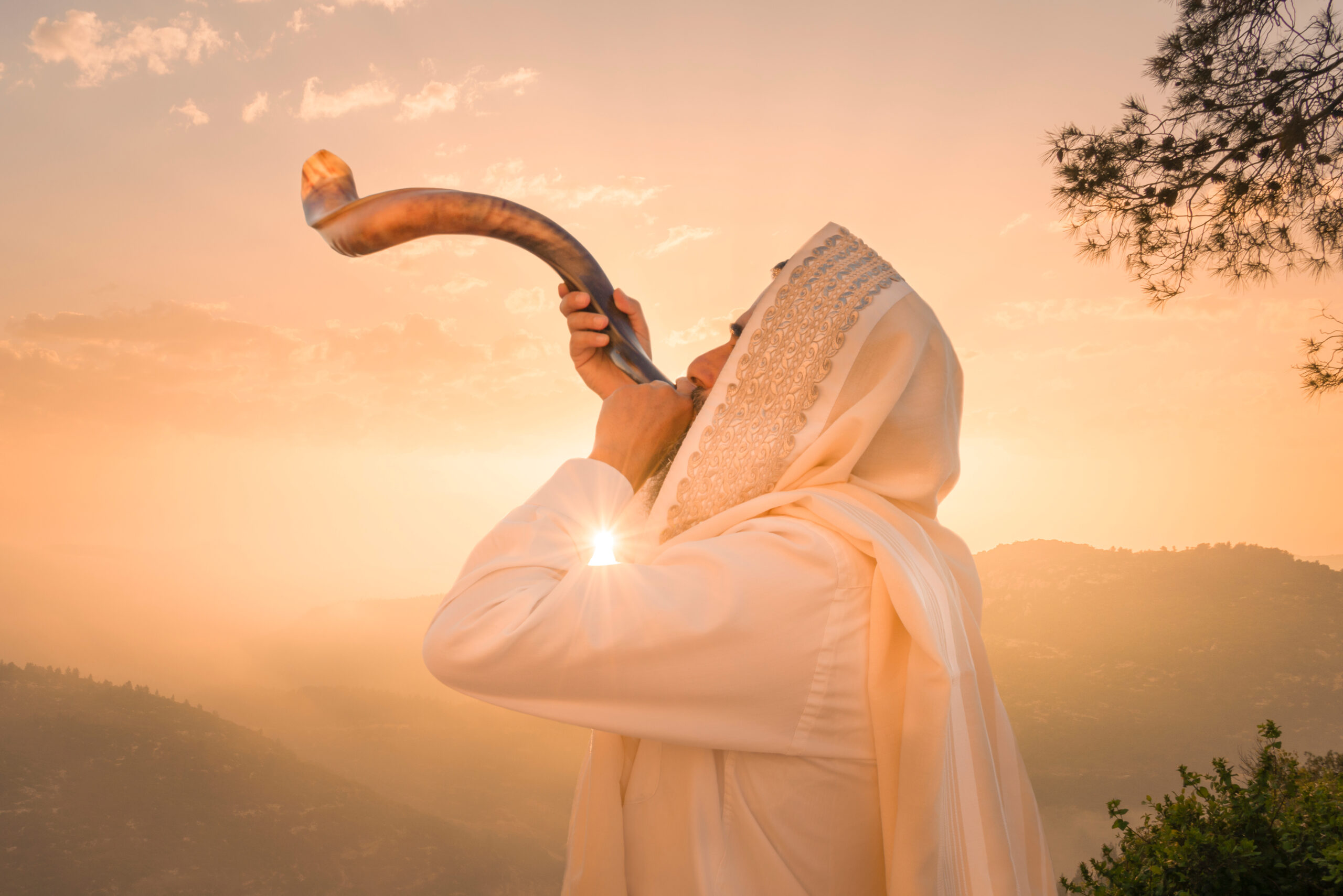 A Jewish man blowing the Shofar (ram's horn), which is used to blow sounds on Rosh HaShana (the Jewish New Year) and Yom Kippur (day of Atonement)