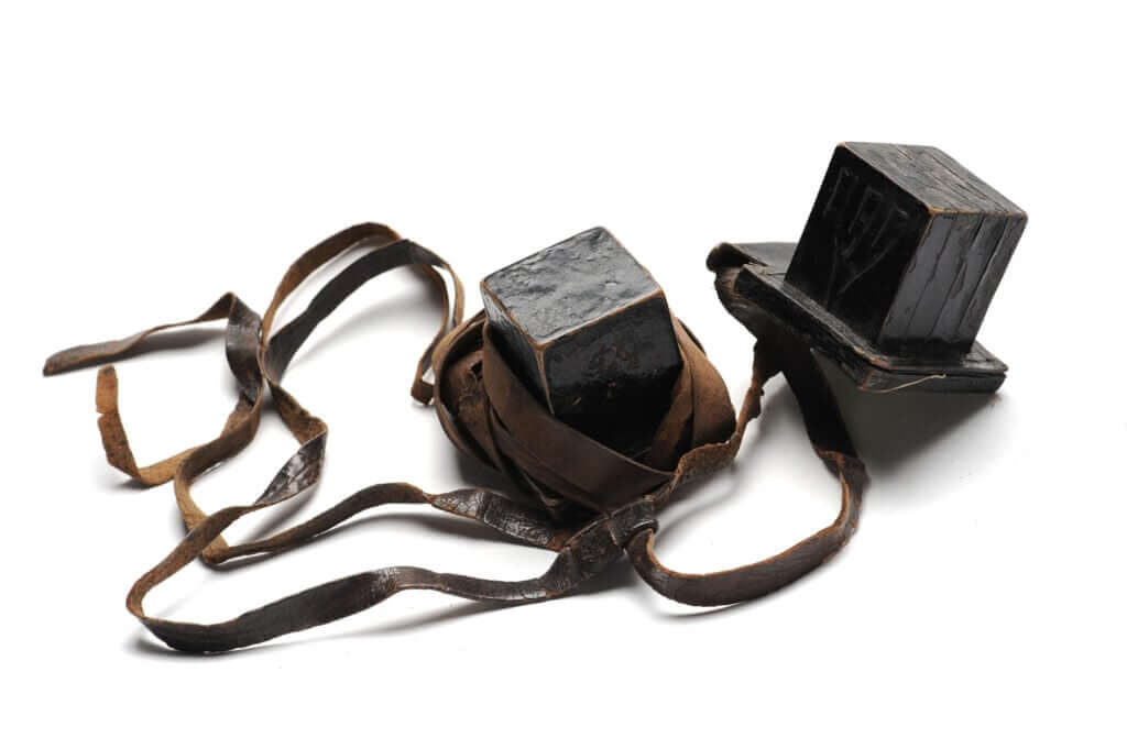 A very old pair of tefillin. This is to emphases that tefillin should be checked to see if they are still kosher.