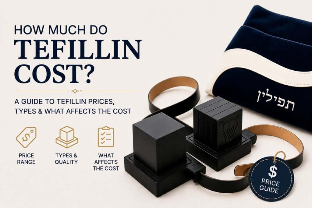 Text How much do Tefillin cost. Image has a set of Tefillin and bag plus with icons.