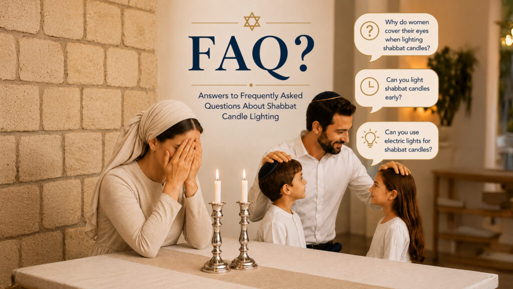 FAQ about shabbat candle lighting. Jewish woman lighting shabbat candles covering her eyes in front of 2 candlesticks. Behind is a father laying hands on childrens head giving a bless. 